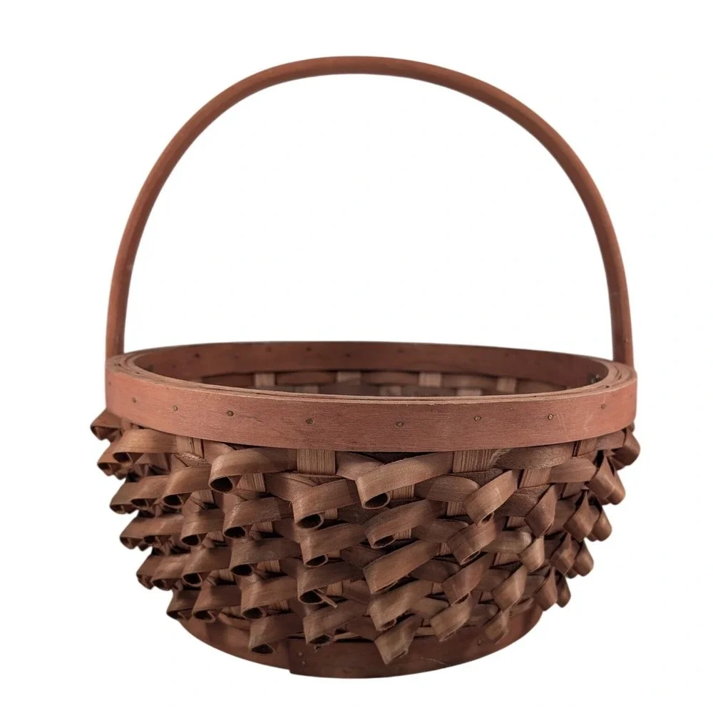 Vtg Porcupine Curl Wicker Basket Round Hand Woven Wood Handle Brown Farmhouse